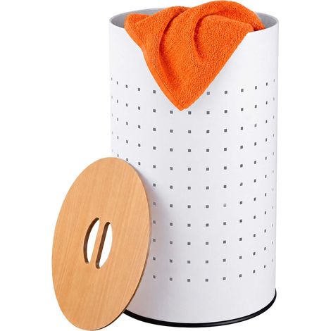 Cesto de ropa de metal blanco con tapa de madera, capacidad de 50 litros. (1/5)