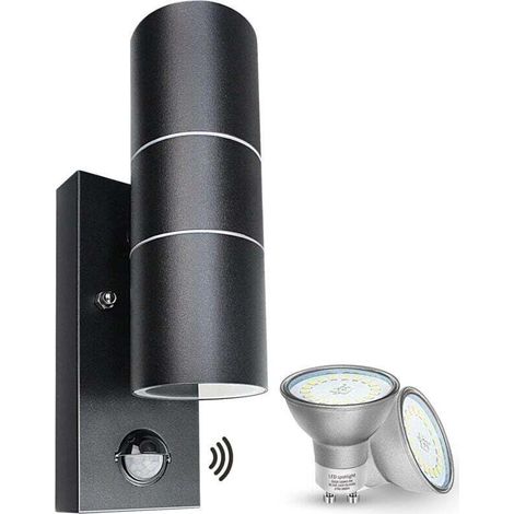 Applique Murale Exterieur/Intérieur, Détecteur de Mouvement Noir 5W,Luminaire Exterieur LED Moderne Up et Down 500lm Blanc Chaud 3000K IP44 Étanche Avec 2x GU10 Ampoules (1/4)