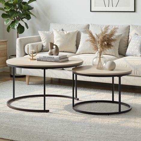 Ensemble table basse 2 parties imbriquées chêne,plateau rond Ø80 cm cadre métallique. Design moderne pour salon,chambre et balcon. (1/5)