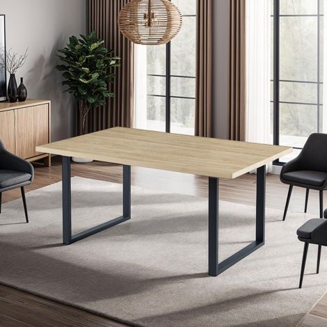 Table de repas 1,6 m finition naturel et pieds en métal noir - ALINA