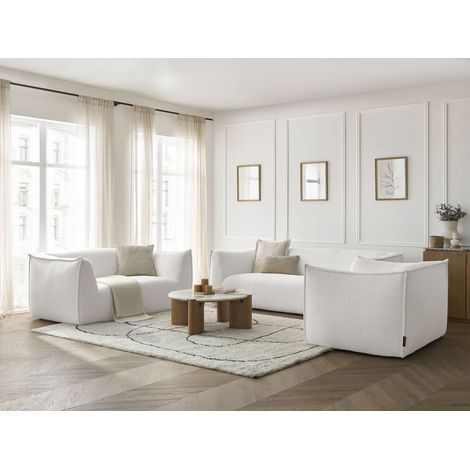 BOBOCHIC - Ensemble canapé droit fixe 3 + 2 places + fauteuil GIORGIA tissu bouclette Blanc (1/5)