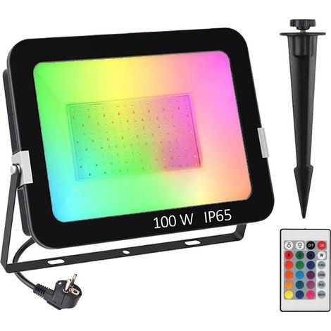 Projecteur LED extérieur RGB 100 W à changement de couleur avec éclairage de sécurité ultra-lumineux, projecteur paysager multicolore à intensité variable, à brancher, pour jardin, terrasse, maison, s (1/5)