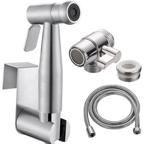 Home Handheld Bidet Ensemble de toilettes pour bébé avec vaporisateur de robinet, tuyau et raccord, Parfait pour Laver les Cheveux ou Nettoyer le Lavabo (Argent) (1/5)