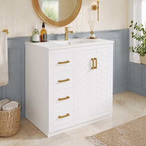 REDOM mueble de baño con lavabo 76.5x46.5x84.5 cm, 3 cajones y estantes laterales, cerámica y MDF, blanco (1/5)