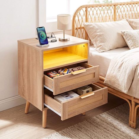 Nightstand with LED Lights & Charging Station, Rattan Drawers (1/5)