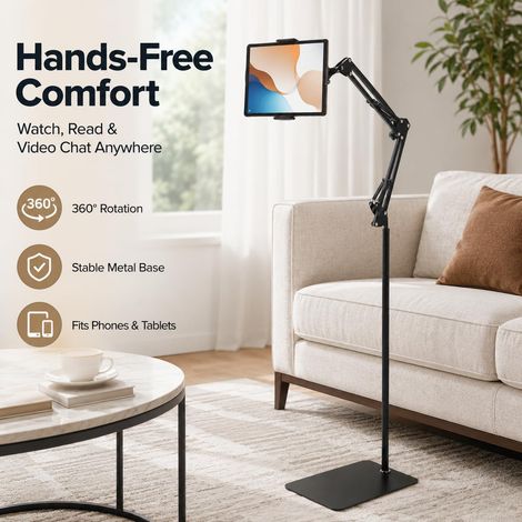 Tablet Floor Stand Duty Base Angle Height Stylish Adjustable iPad Carbon Steel Phone Holder 360° Rotation Adjustable Foldable Tablet Arm Bed Sofa Use (1/5)