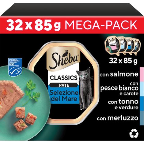 Sheba Classics Patè Selezione del Mare Cibo Umido per Gatti, 32 Vaschette da 85 g (1/5)