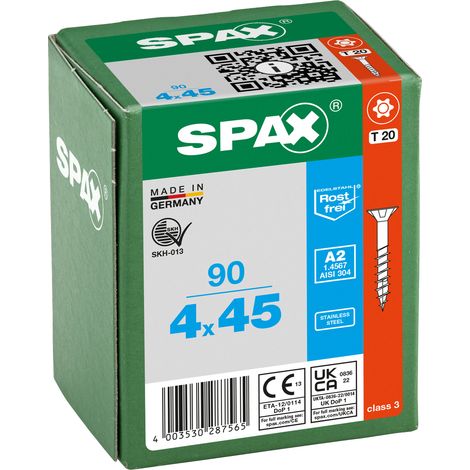 SPAX Vis en acier inoxydable, 4 x 45 mm, 90 pièces, Filetage partiel, Tête fraisée, T-STAR plus T20, 4CUT, Acier inoxydable A2 - 8000000287565