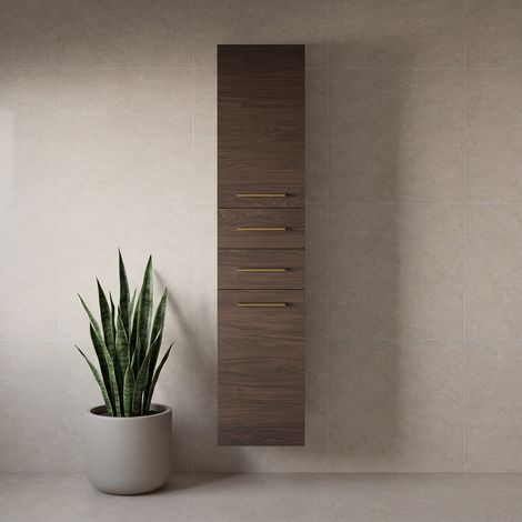 Napoli Brown Oak 350mm x 1600mm Wall Mounted Storage Unit - 350mm - Brushed Brass 160mm Handle