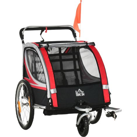 Passeggino Rimorchio da Bicicletta per 2 Bambini in Acciaio e Tessuto Oxford Rosso