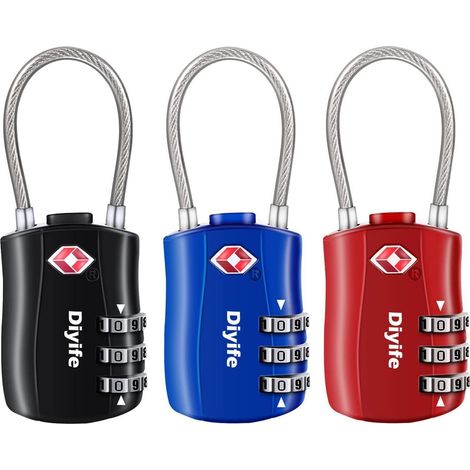 Cadenas de bagage TSA 3 pièces, serrure à combinaison 3 chiffres pour valise, voyage, casier (Noir, Bleu, Rouge)
