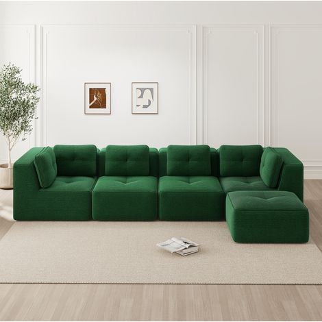 Canapé d’angle modulaire vert en velours côtelé avec assise profonde et coussins moelleux (1/5)