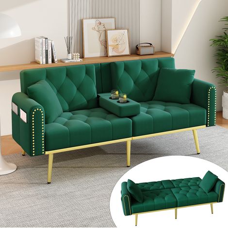 Canapé convertible 2 places velours vert porte-gobelet OKMYHOME (1/5)