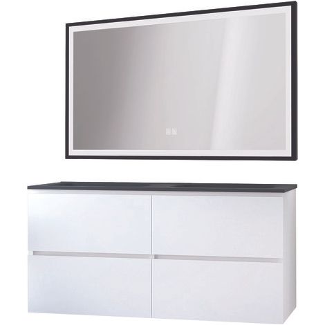 ONDEE ZEN - Meuble salle de bain TRENDY - 120 cm - Blanc mat - 4 Tiroirs - Plan noir + miroir SELENA (1/3)