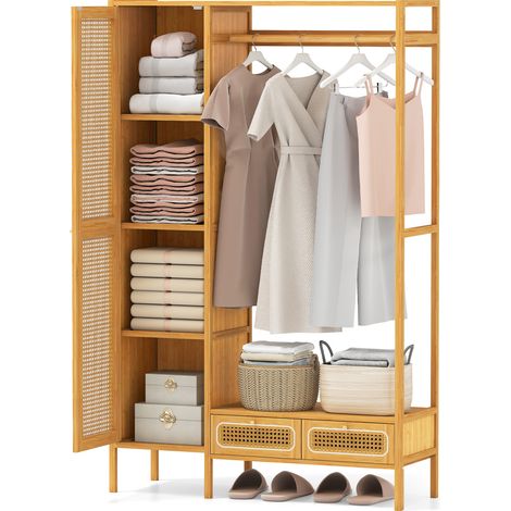 Costway – Portant à vêtements en bambou – Cabinet avec 4 étagères – Tringle et 2 tiroirs – Capacité 90 kg – Design élégant en rotin (1/5)