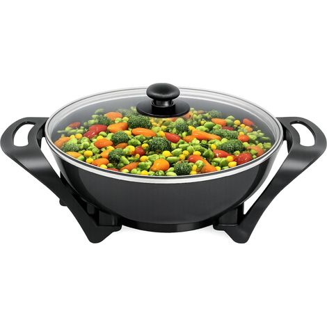 Wok électrique 33 cm, 1500 W, revêtement antiadhésif en céramique, thermostat réglable, 5 litres, couvercle en verre, idéal pour sauter, frire et mijoter. (1/5)