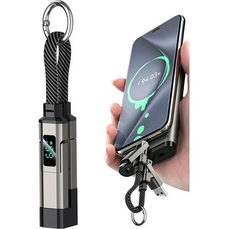 Cavo portachiavi USB-C, caricabatterie corto da 65 W con display a LED, cavo dati USB 4 in 1 - Per cellulari, laptop e tablet - Ideale per viaggi e campeggio (1/5)