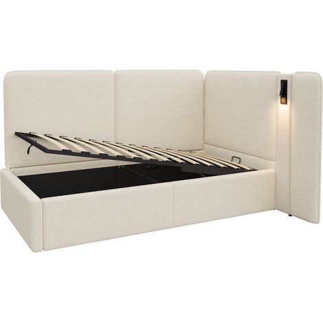 Letto divano 90x200 cm con contenitore idraulico, luce lettura e USB/USB-C, beige bouclé (1/5)