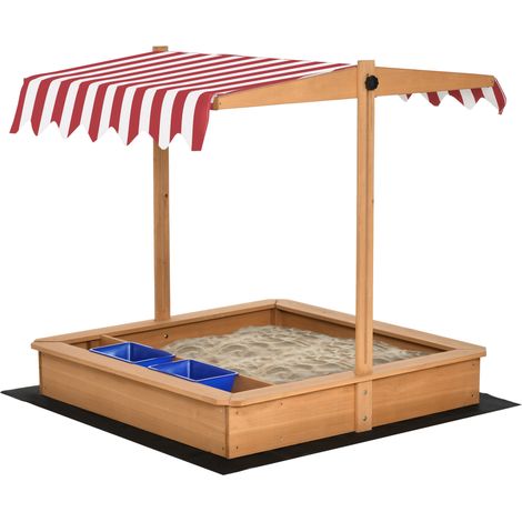 Sabbiera Laufstall aus Holz für Kinder mit verstellbarem Dach, Bänken und Mülleimern, 107,5 x 107,5 x 100 cm