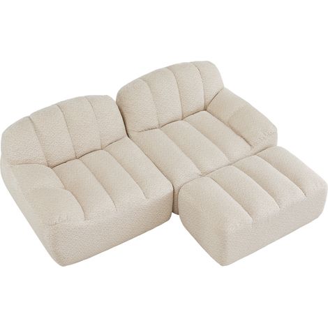 ELVMI Sofá de esquina modular 2 plazas con otomana, respaldo ergonómico, en Fleece granulado Beige Blanco (1/5)