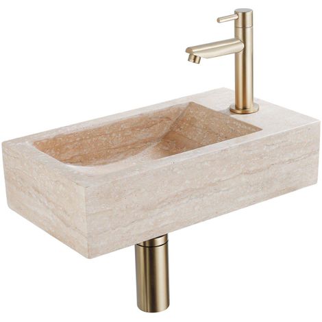 FugaFlow Efficiente Ensemble Fontaine Pierre - 40x22x10 cm - trou du robinet à droite - robinet de fontaine en laiton brossé PVD - bouchon de vidange
