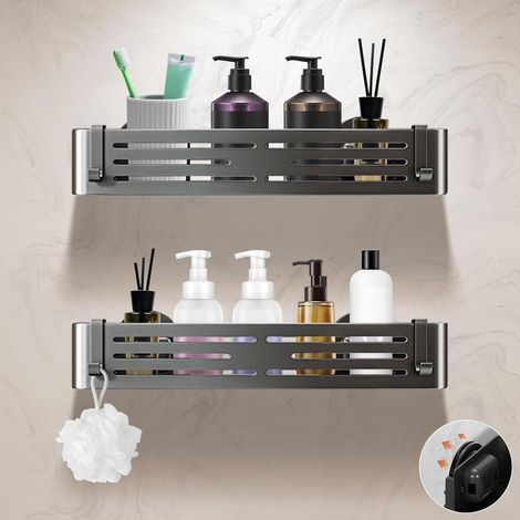 Lot de 2 - Étagère Douche - Organisateur Salle de Bain - Fixation Ventouse Sans Perçage - Aluminium Inoxydable Résistant 10kg - Pour Carrelage Verre PVC - Gris Gunmetal - 32x13x6,6cm