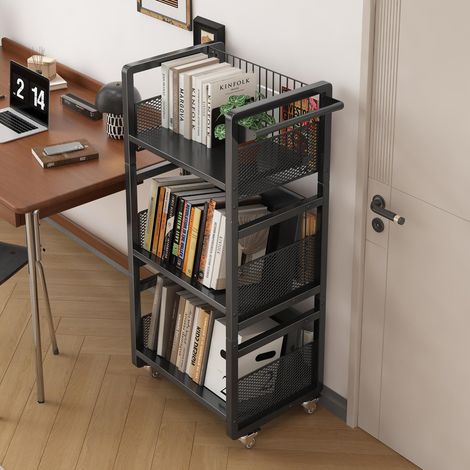 Wheeled Bookcase with 3 Magnetic Bookends, Movable Book Storage Cart with Handle, Rolling Bookshelf Organiser for Library, Living Room, Office & School (1/5)