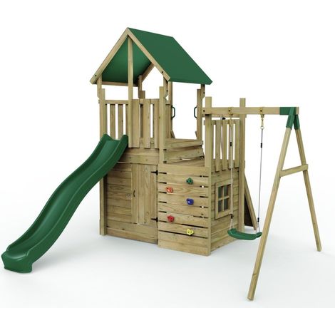 Rebo Modular Wooden Climbing Frame Adventure Playset - M8 plus Ramp & Single Swing