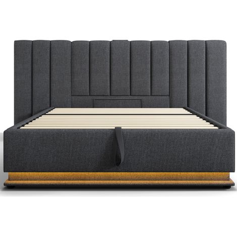 Lit coffre 180x200 cm en lin gris avec LED pilotable par appli, USB-C et sommier MODENUIT (1/5)