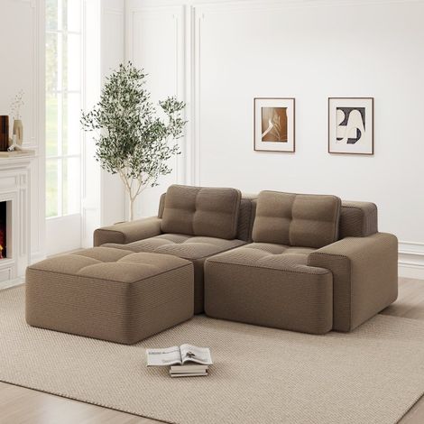 Canapé modulaire en L marron, assise profonde, velours côtelé, pouf, 2 places