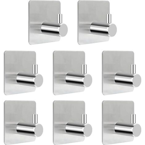 8 ganchos adhesivos, 8 ganchos autoadhesivos, ganchos de pared de acero inoxidable para baño (plateados) (1/4)