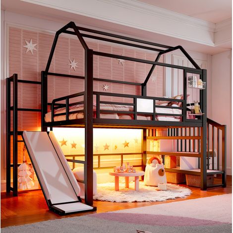 Cama alta infantil 140x200 cm negra de metal y MDF con tobogán, escalera y LED Bluetooth (1/5)