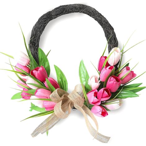 Couronne de Pâques Artificielle pour Porte à Ressort, 40,6 Cm, Résistante à la Décoloration, 3D, Entièrement en Plastique, pour Mur Avant, Cheminée, Intérieur et Extérieur, (Rouge Rosé Blanc) (1/5)