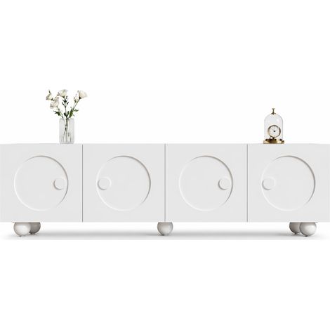Meuble TV blanc moderne 180,5 x 38 x 50 cm, portes à relief circulaire, rangement multi-compartiments, design bas pour salon, chambre et salle à manger- FLORAGRACE (1/5)