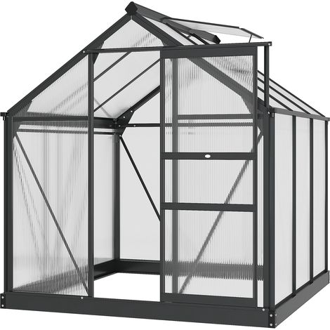 Serre de jardin polycarbonate 3,65m² 190 x 192 x 201 cm résistant aux UV fondation renforcée gouttière Gris (1/5)