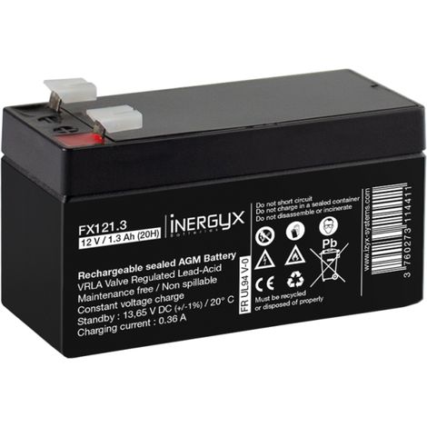 Batterie rechargeable VRLA 12V / 1,3 Ah - Bac FR UL94 V-0 - 97 x 43 x 51/57 mm