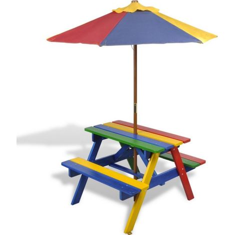 Mesa y bancos de madera con sombrilla para niños 0102011 (1/5)