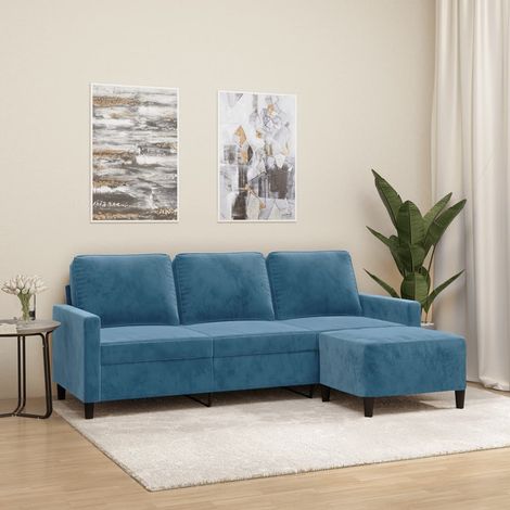 Vidaxl – Canapé droit 3 places velours bleu 180 cm – Repose-pieds inclus – Structure robuste en contreplaqué et métal – Confort optimal (1/6)