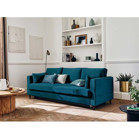 Lisa Design – Canapé droit 3 places convertible en velours – Poche de rangement – Dimensions L222xH85xP89 cm – Couleur bleu canard (1/5)