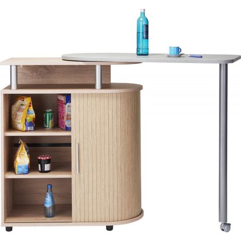 Beaux Meubles Pas Chers – Desserte de cuisine pivotante en chêne – Dimensions fermées 110x55x105cm – Dimensions dépliées 145x55x105cm – Meuble gain de place avec roulettes (1/5)