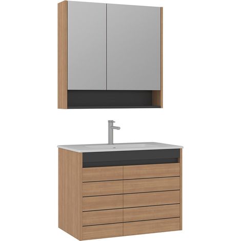 Ensemble Meuble Vasque avec Miroir (2 Pièces) "Ricato 80" - 81 x 47 x 62 cm - Oak (1/3)