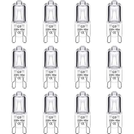 Paquete de 12 bombillas halógenas G9, 40 W, 230 V, regulables del 0 al 100 %, 480 lm, luz blanca cálida (2700 K), casquillo G9, sin parpadeo, ideales para hornos, lámparas de araña, iluminación de jar (1/5)