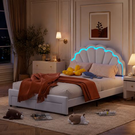 Lit capitonné 140×200cm,lumière LED, lit enfants,tête de lit réglable,lit double avec 2 tiroirs,tête de lit en forme de nuage,lit fille,style moderne,sommier à lattes,lit ados,Velours,Beige (1/5)