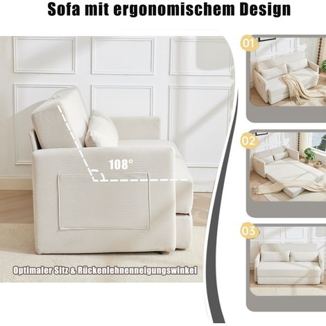 Canapé-lit pliant 2 places velours côtelé beige 165 x 92 x 82cm, fourni avec coussins lombaires et poches magazines (1/5)