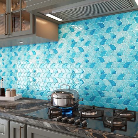 Epaisseur Credence Adhesive pour Cuisine Bleu 3D Effet Vague de Mer Impermeable Carrelage Adhesif Mural Salle de Bain Bleu Clair 30x30CM Dalle PVC Adhesive Murale Salle de Bain WC, 4 Dalles (1/5)