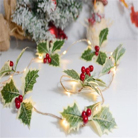 Weihnachts-LED-Lichterkette mit Tannenzapfen, roten Beeren, grünen Blättern, 2 m Kupferdraht, 20 Lichter, Batterien enthalten (1/5)