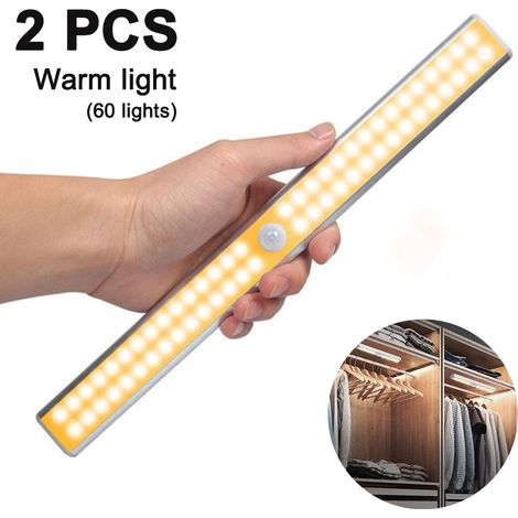 Lampe LED à capteur de mouvement - 60 LED rechargeable USB - Éclairage sans fil pour placard cuisine couloir escalier - 40 cm - 2 pièces (1/5)