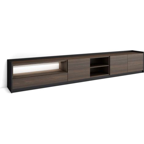 Mueble TV Casarabonela-02 de 310x50x37 cm con hueco y puerta abatible, LED, color roble oscuro y negro (1/4)