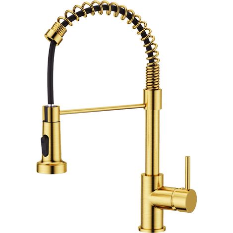 Robinet Cuisine, Mitigeur Cuisine Avec Douchette Pivotant à 360° d'Évier à Arc Élevé Pulvérisateur Escamotable 2 Modes, Or Brossé (1/5)