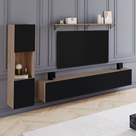 Mueble de TV de 180 cm con columna y estante ELIO de madera y negro